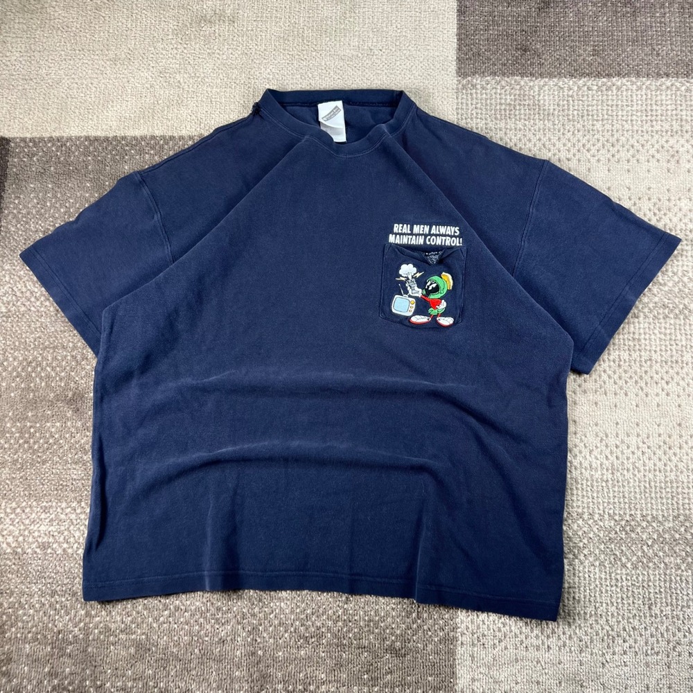 Vintage Warner Bros Studio Store Marvin the Martian Pocket T-Shirt Navy Blue L